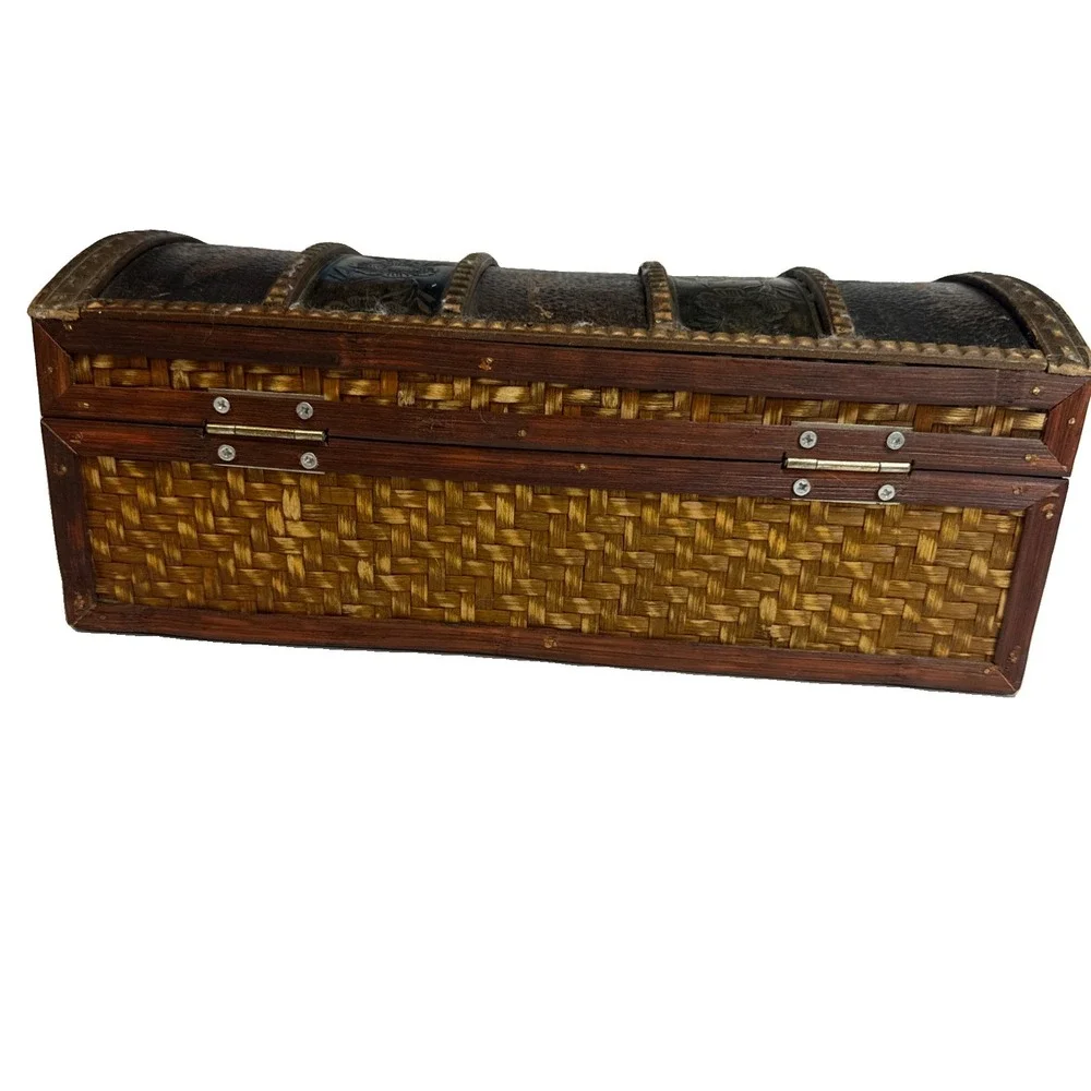 Woven Wooden Treasure Chest Storage Box w/ Metal Handle & Latch, Brown